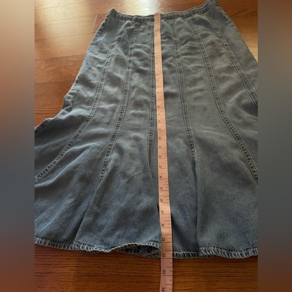 Vintage 90s Pull On Elastic Waist Denim Chambray Pleated Flare Midi Skirt Large - Picture 5 of 6